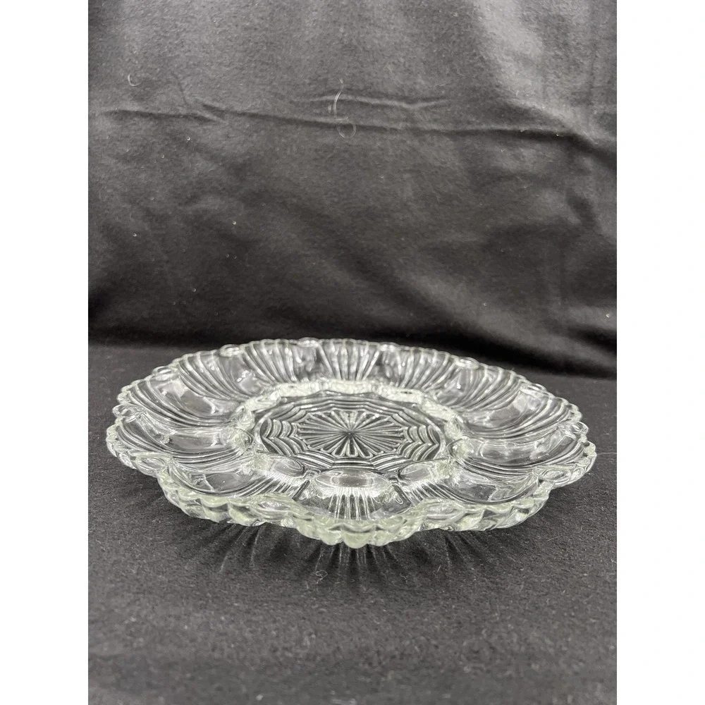 Vintage Clear Pressed Glass Deviled Egg Platter Scalloped Serving Tray 12 Slot